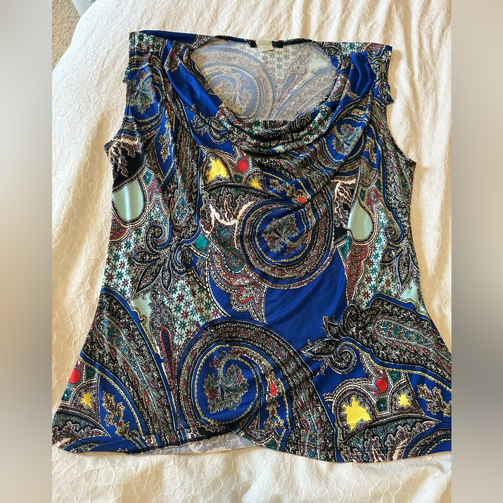 Jennie & Marlis Blue Paisley Slinky90s Cowl Neck Top (A139)